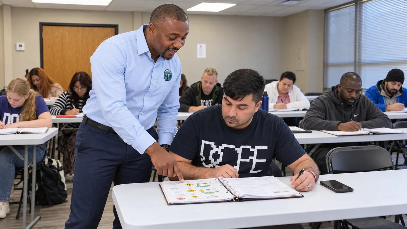 An instructor helping a student in the classroom