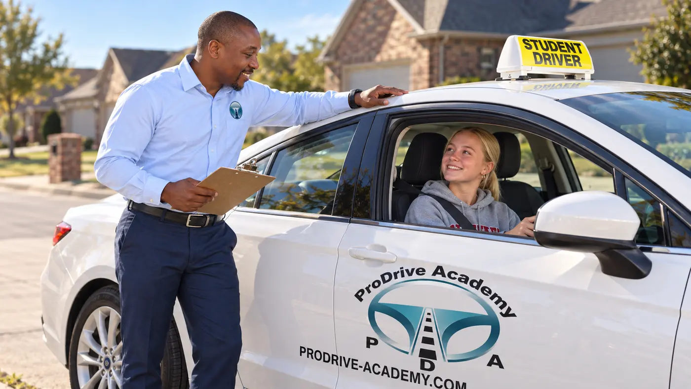 An instructor greeting a student in a ProDrive Academy car