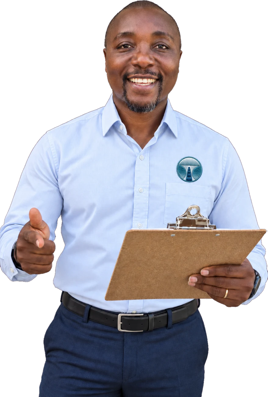 Julius Moma, owner of ProDrive Academy, smiling and holding a clipboard