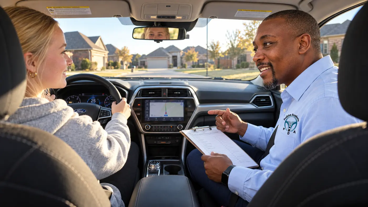 An instructor coaching a student behind the wheel